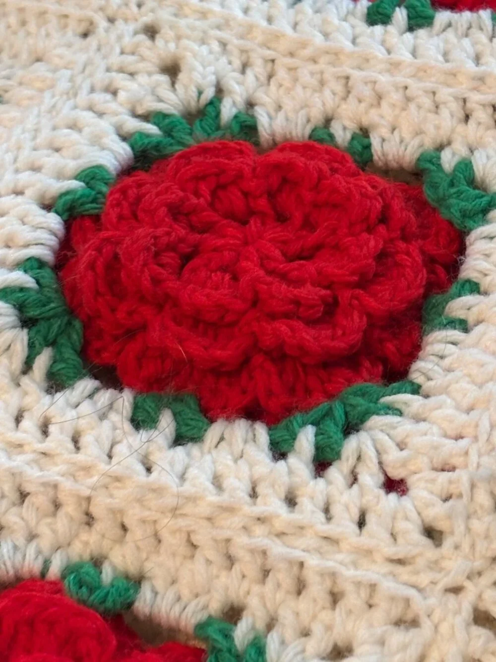 Handmade Crochet Blanket With Red 3D Rose Motif And White Background 42